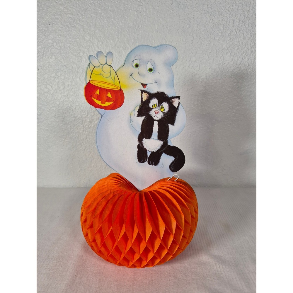 Vtg Halloween Ghost With Cat Pumpkin Honeycomb Centerpiece Table Decoration